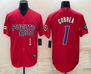 Mens Puerto Rico Baseball #1 Carlos Correa Number 2023 Red World Baseball Classic Stitched Jerseys->2023 world baseball classic->MLB Jersey